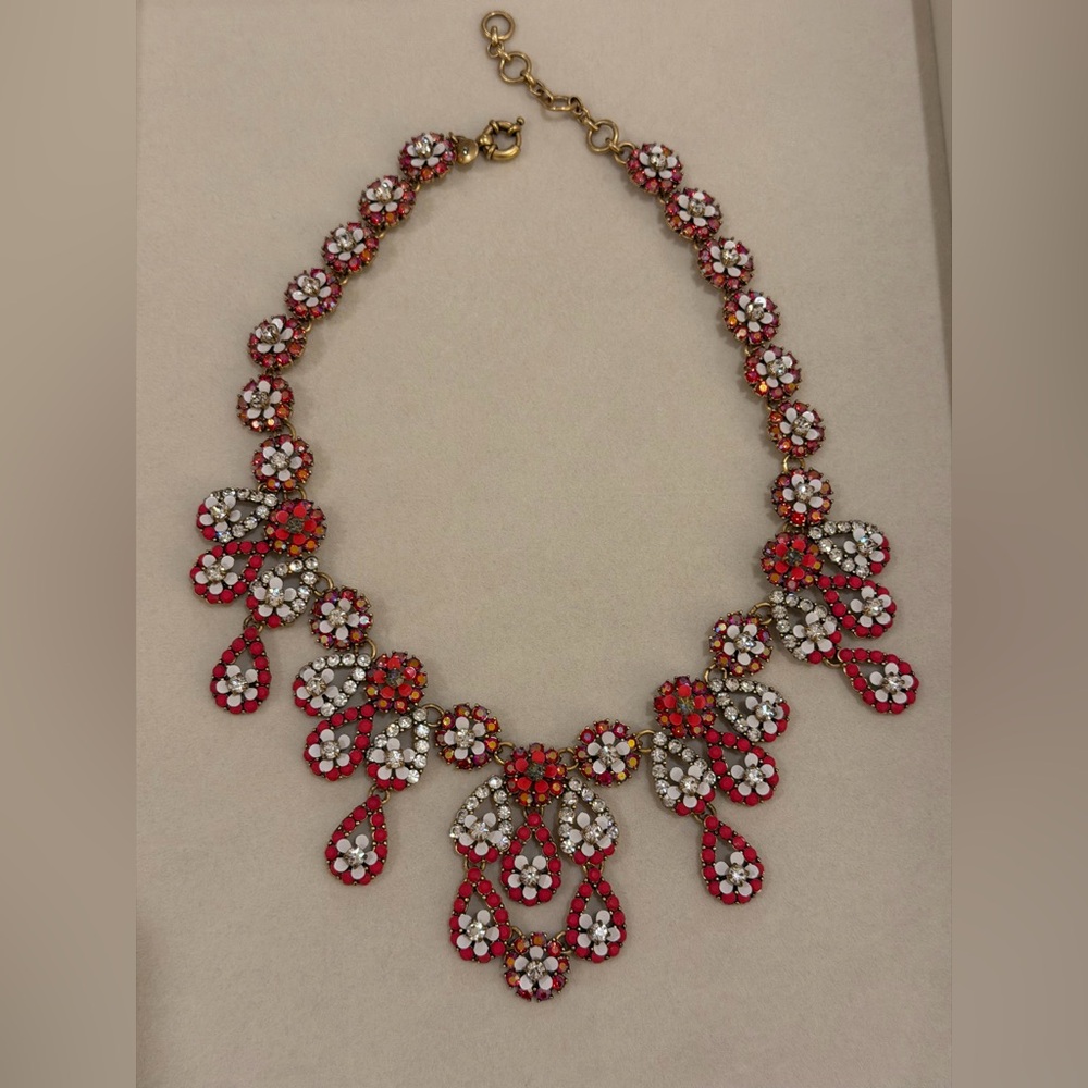 J Crew Elegant Red and White Floral Necklace